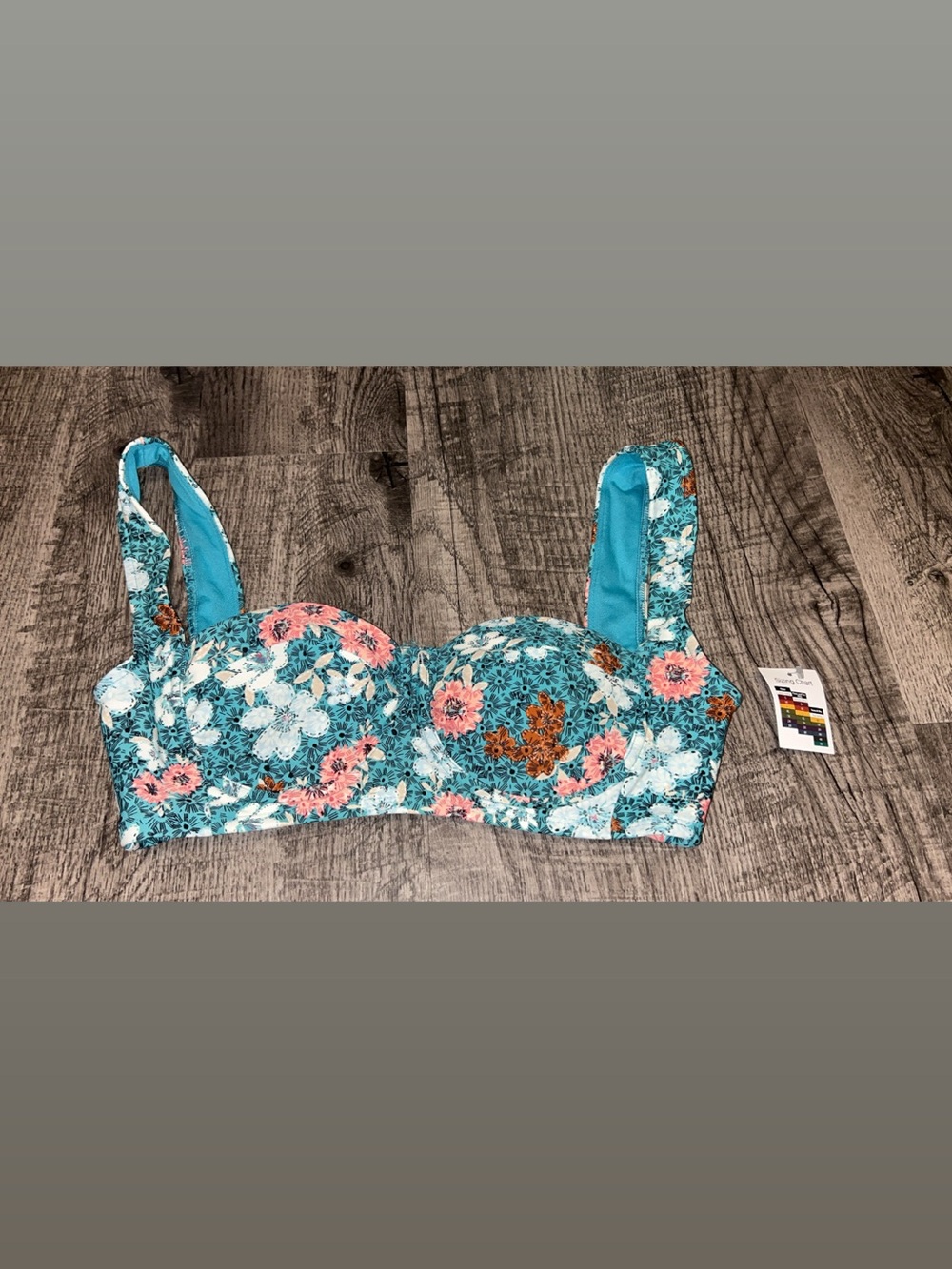 Time and Tru Teal Floral Bikini Top with Pink and White Flowers
